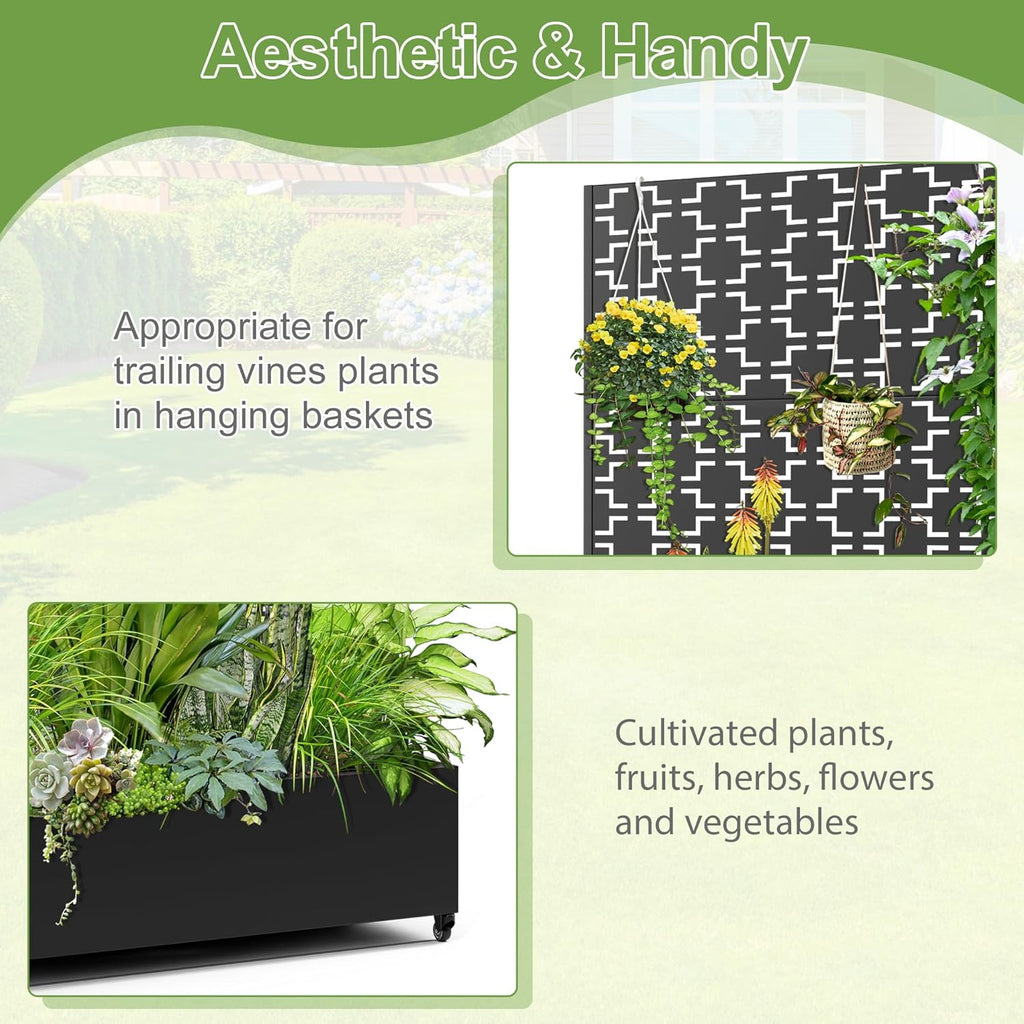 Raised Garden Bed with Trellis and Wheels,73"x47"x16" Metal Raised Garden Bed,Black Squared Metal Planter with Climbing Trellis for Vines & Vegetables