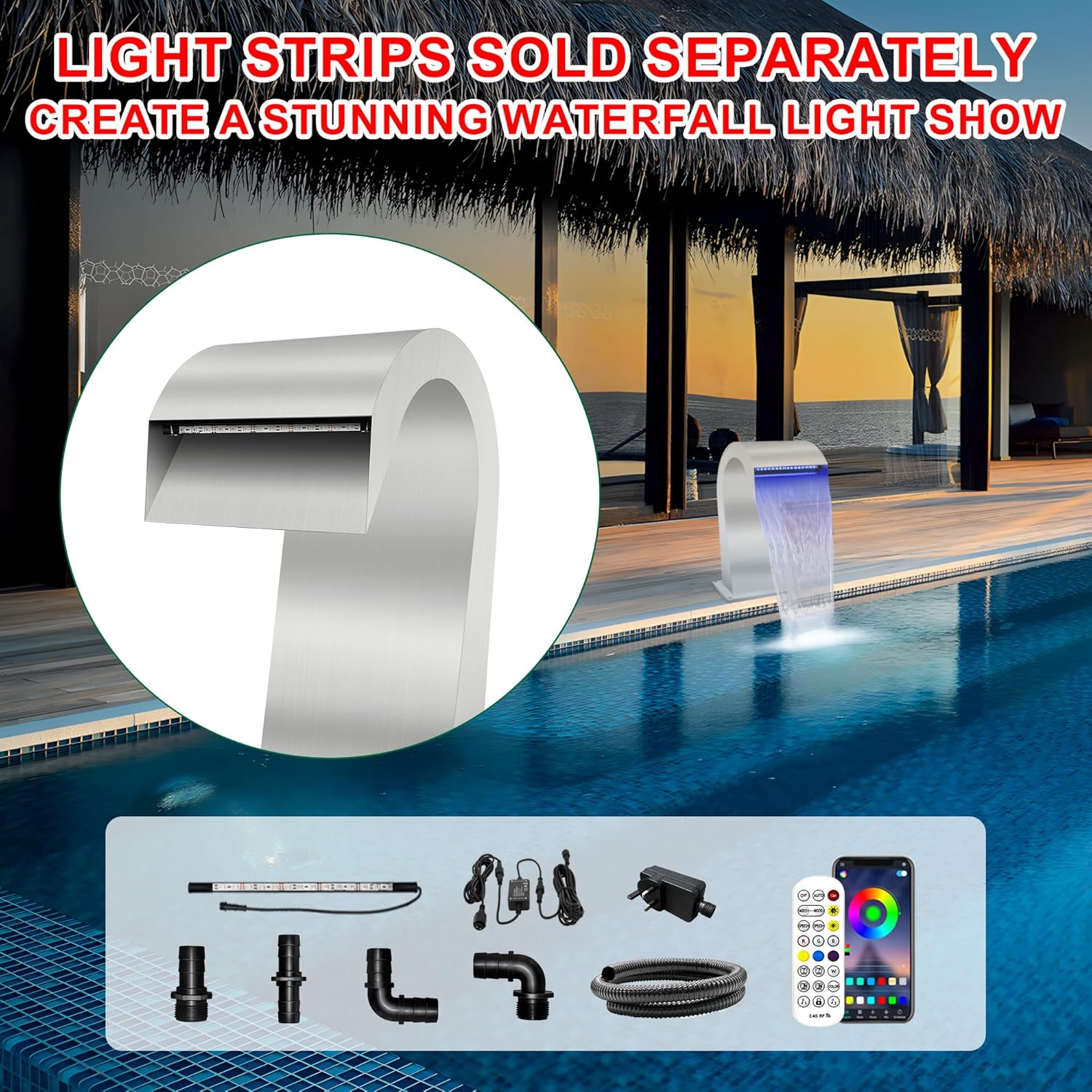 S-Shape Waterfall Spillway Ground Pool Fountain, LONGRUNNEW 304 Stainless Steel Outdoor Water Feature 18.82" x 11.93" x 12.20" for Garden Decor, Landscape Accents & Patio Pond Water Feature-Medium