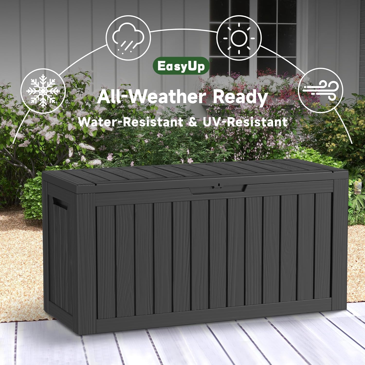 85 Gallon Deck Box Waterproof, Outdoor Storage Box Lockable for Patio Cushions, Garden Tools Accessories with Hydraulic Rod, UV-Resistant and Durable for Patio, Garden Use
