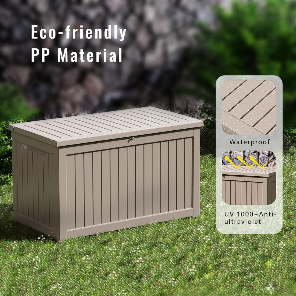 DRATO 230 Gallon Deck Box, Waterproof Resin Large Outdoor Storgae Box for Patio Furniture, Patio Cushions, Gardening Tools, Pool and Sports Supplies, Lockable