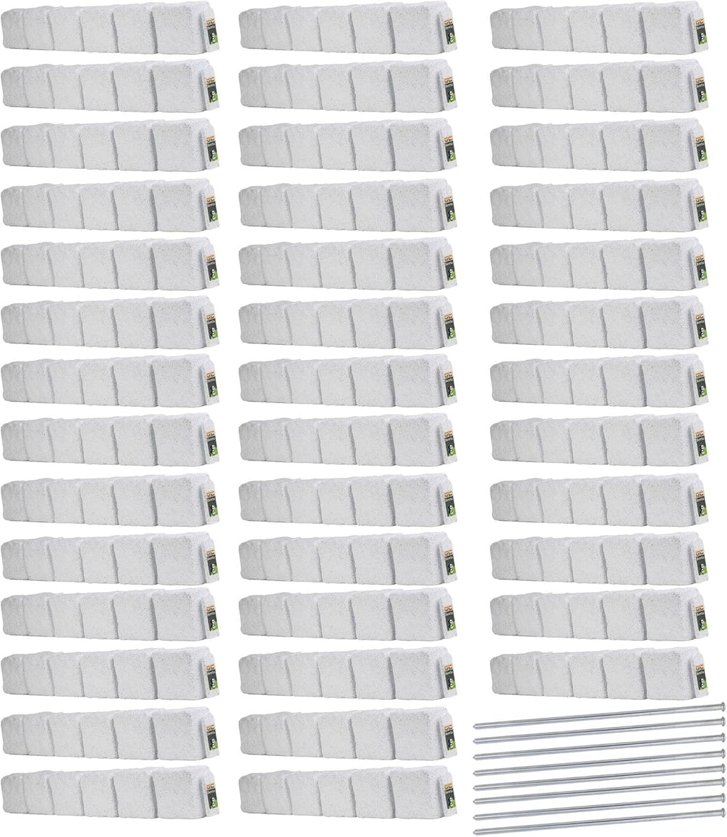 Beuta Landscape Edging | Garden Edging Border | Faux Stone Blocks for Lawn Edging, Flower Beds & Yard Edging – 40 Pack | Each Section Has 6 Blocks 48" L x 4" W x 6.5" H | 80 Spikes | Limewash