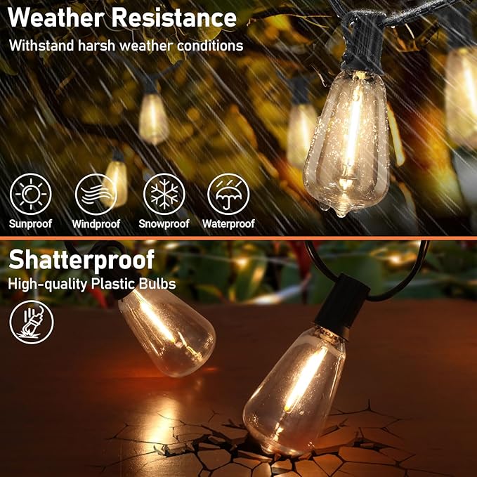 100FT Outdoor Solar String Lights with Remote, USB Rechargeable LED Patio Lights with 52 Timer Dimmable ST38 Edison Bulbs, Enhanced 5W Solar Panel Outside Hanging Lights for Porch Garden Deck Backyard