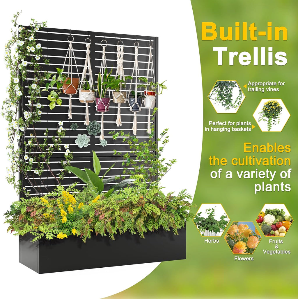 FENCY Metal Raised Garden Bed with Trellis, Metal Planter Box with Trellis, Garden Box for Climbing Plants Vegetable, 47" Lx16 Wx71 H Garden Bed with Drainage Holes(Black-Louvered)