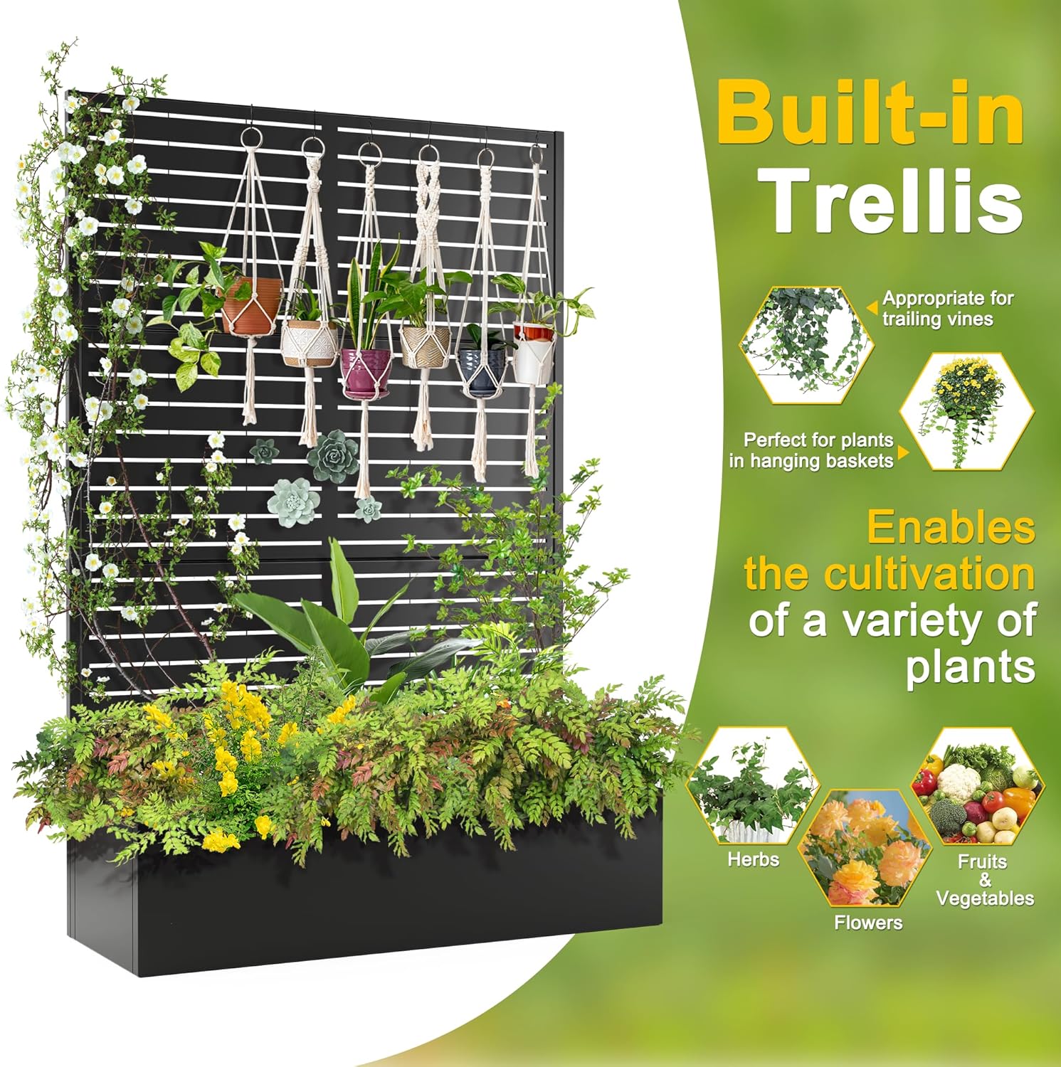 FENCY Metal Raised Garden Bed with Trellis, Metal Planter Box with Trellis, Garden Box for Climbing Plants Vegetable, 47" Lx16 Wx71 H Garden Bed with Drainage Holes(Black-Louvered)