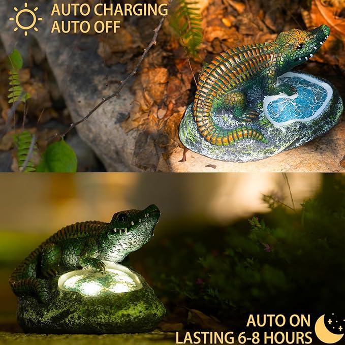 Garden Statue Crocodile,Solar Crocodile Decor for Outdoor,Resin Crocodiles Figurine with Solar Light for Patio,Balcony,Yard,Lawn Ornament,Perfect Garden Gift