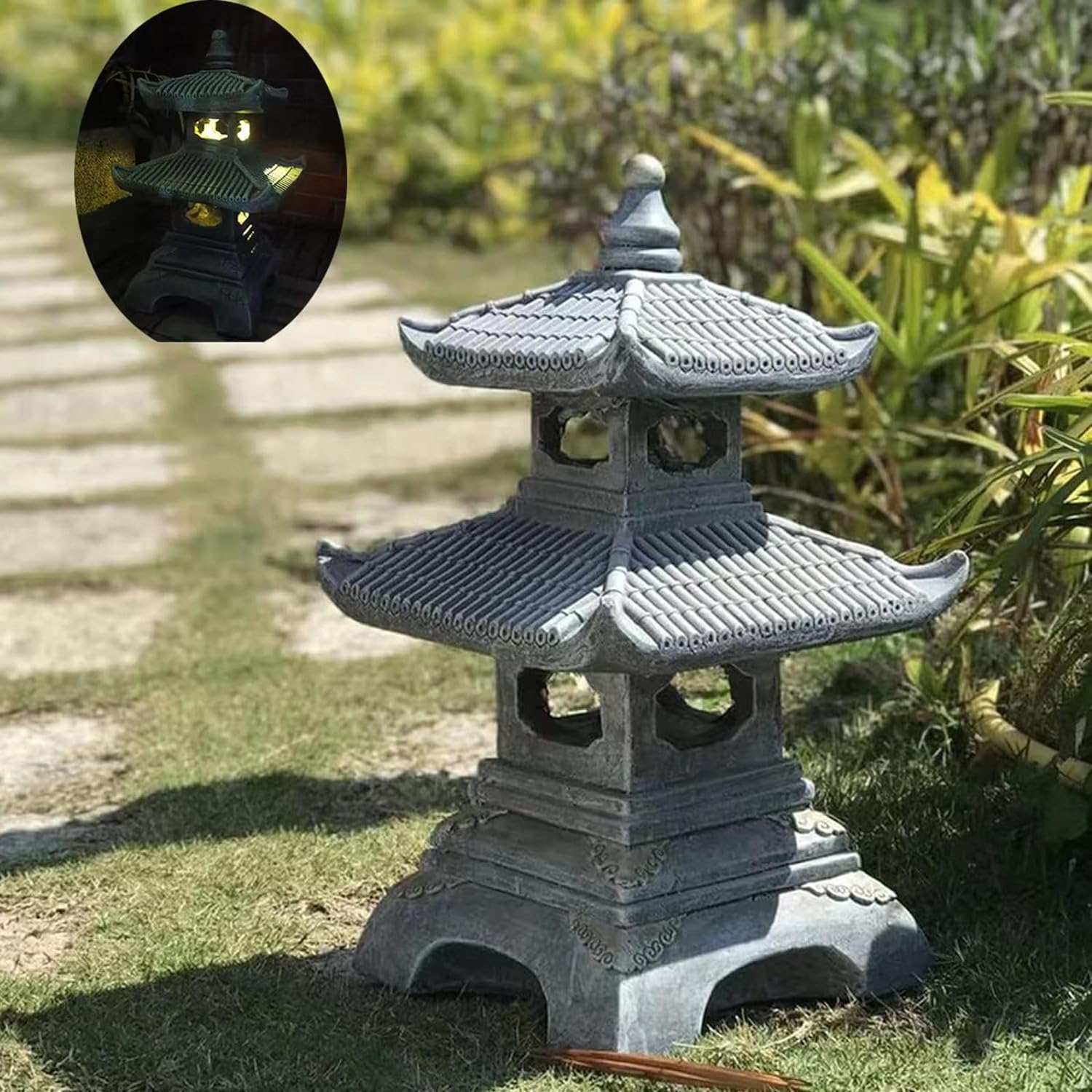 Outdoor Solar Pagoda Lantern,2 Tier Pagoda Lantern Garden Statue,Zen Garden Lantern Pagoda,Pagoda Lantern Japanese Style. for Zen Lawn Garden Decoration and Christmas Ornament (Solar Lights)
