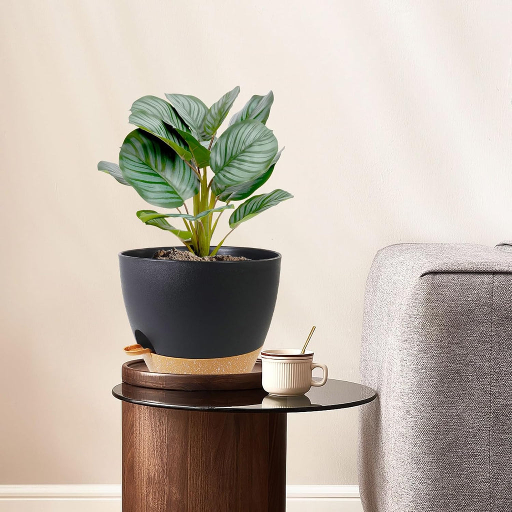 10 inch Self Watering Pots, 2 Pack Plastic Planters with Mesh Drainage Holes for Garden Plants and Flower, Plants Pots with Deep Reservoir for Indoor Outdoor Plants, Black with Brown