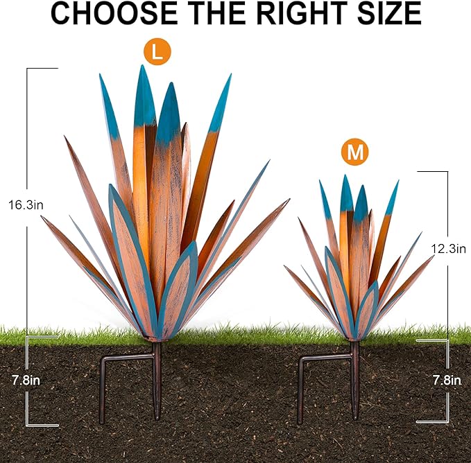 Large Tequila Rustic Sculpture, Rustic Metal Agave Plants for Outdoor Patio Yard, Home Decor Hand Painted Metal Agave Garden Yard Statue, Outdoor Lawn Ornaments (2 Big 1 Small)