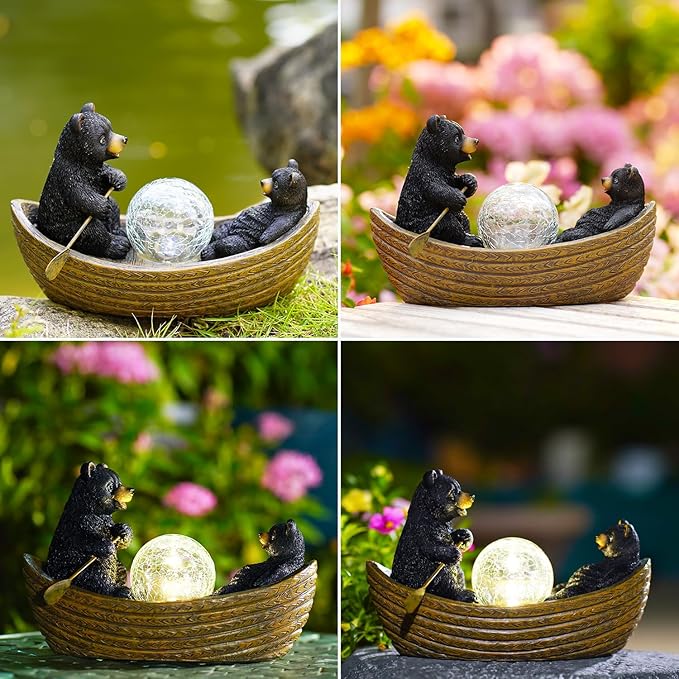 Goodeco Solar Bears Boating Statue - Waterproof Outdoor Bear Decor with Solar Gazing Ball Lights - Great Gift for Bear Lovers and Garden Enthusiasts - Ideal Gifts for Mom & Birthdays