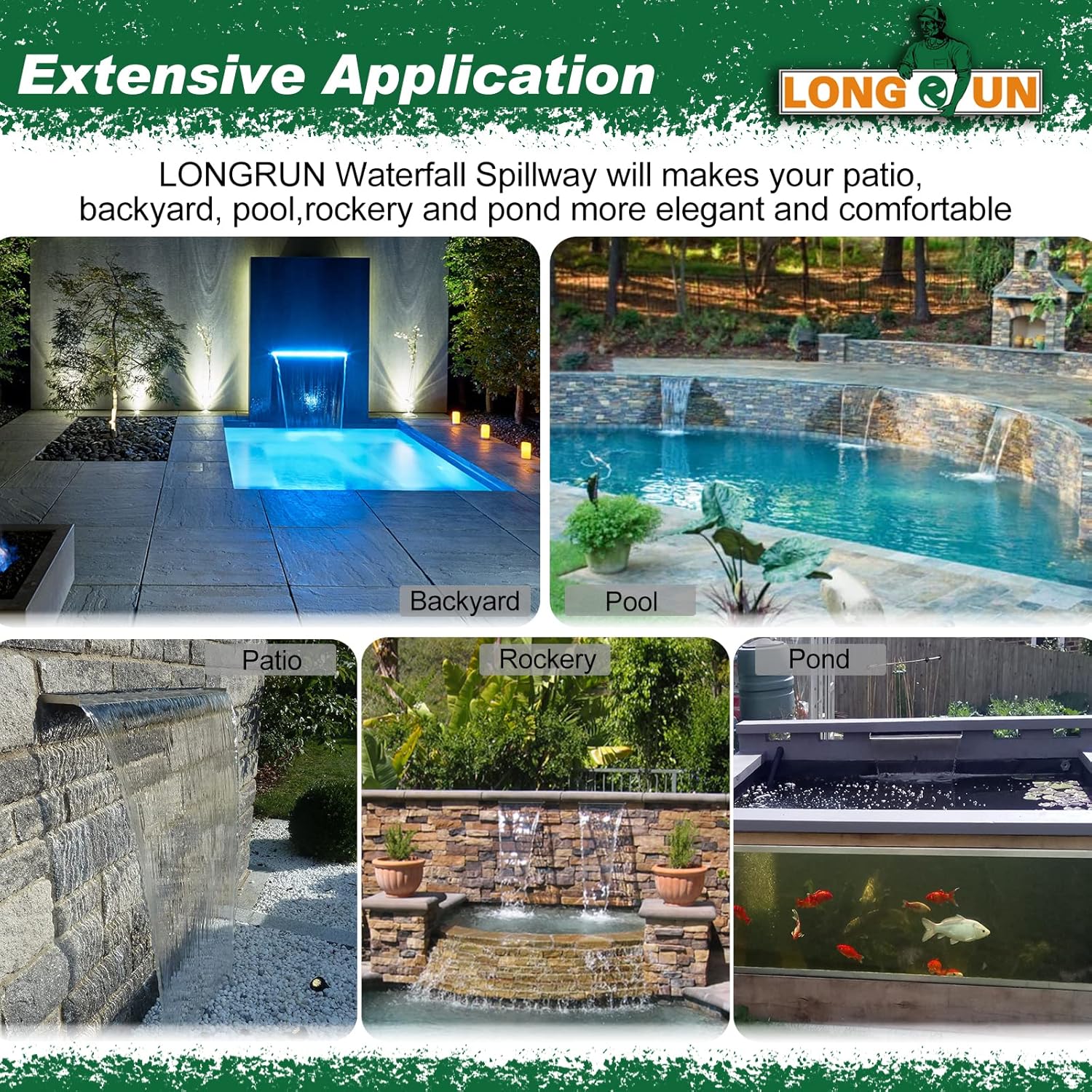 LONGRUN Pool Fountain Stainless Steel Outdoor Pond Spillway Waterfall with Wider Water Flow Platform Multi-Color LED Light Spray Indoor Waterfall Fountains for Garden-23.6" x 8" x 3.94"(W x D x H)