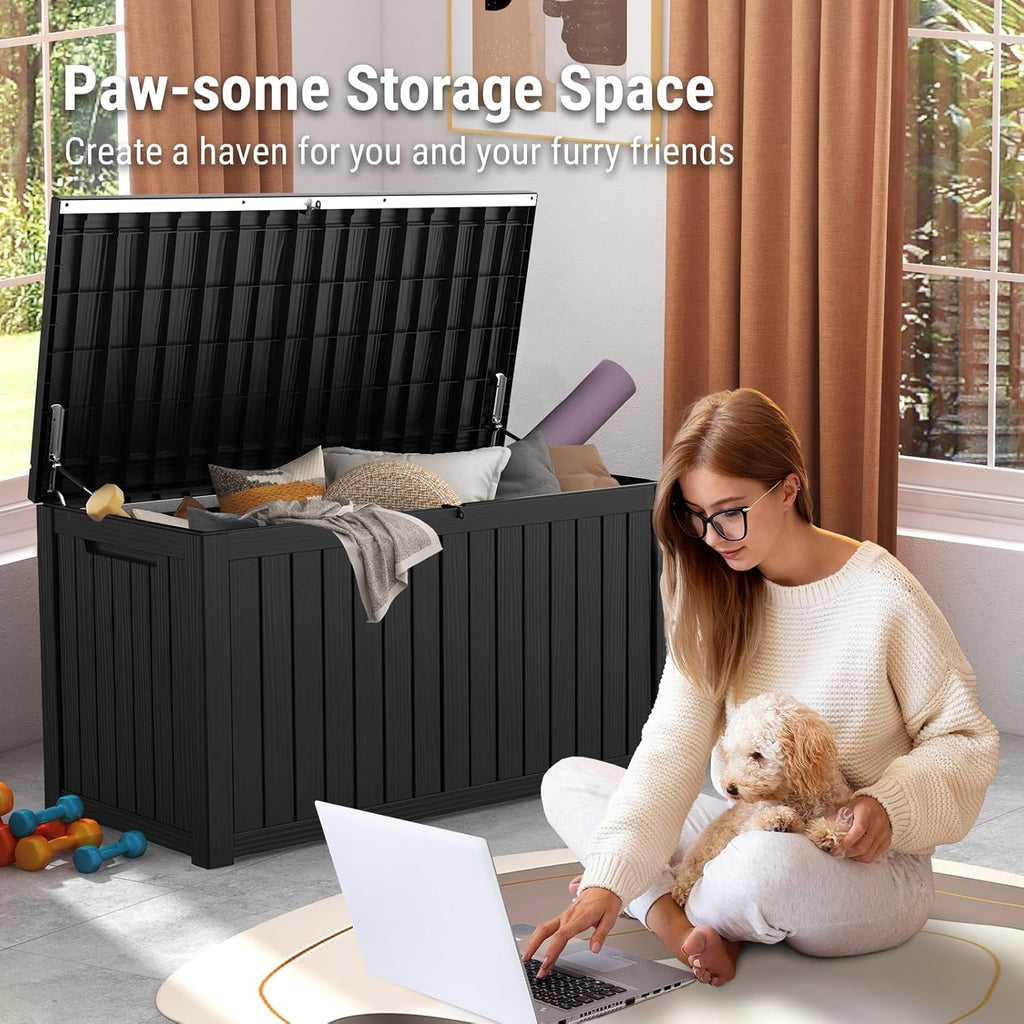 Mars Villa 180 Gallon Outdoor Storage Box, Large Resin Deck Box Waterproof, Storage Bin for Outside Patio Furniture Cushions, Pool Supplies, with Hydraulic Hinge, UV Resistant and Weatherproof, Black