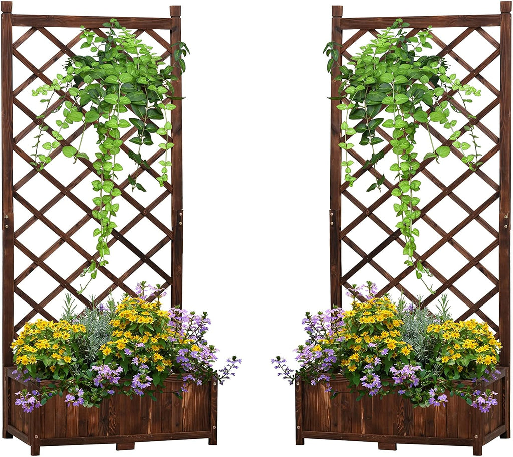 Anraja Raised Garden Bed Planter with Trellis Outdoor Wood Box 67in Set of 2 Flower Standing Planter Box Privacy Lattice Panels with Legs for Patio Porch w/Drainage Holes 29.5" L x 17.0" W x 67.0" H