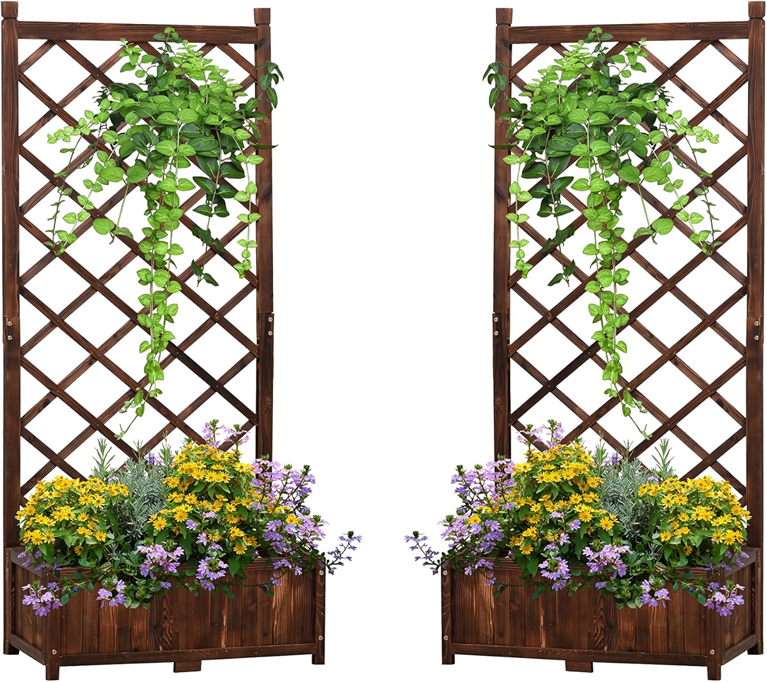 Anraja Raised Garden Bed Planter with Trellis Outdoor Wood Box 67in Set of 2 Flower Standing Planter Box Privacy Lattice Panels with Legs for Patio Porch w/Drainage Holes 29.5" L x 17.0" W x 67.0" H