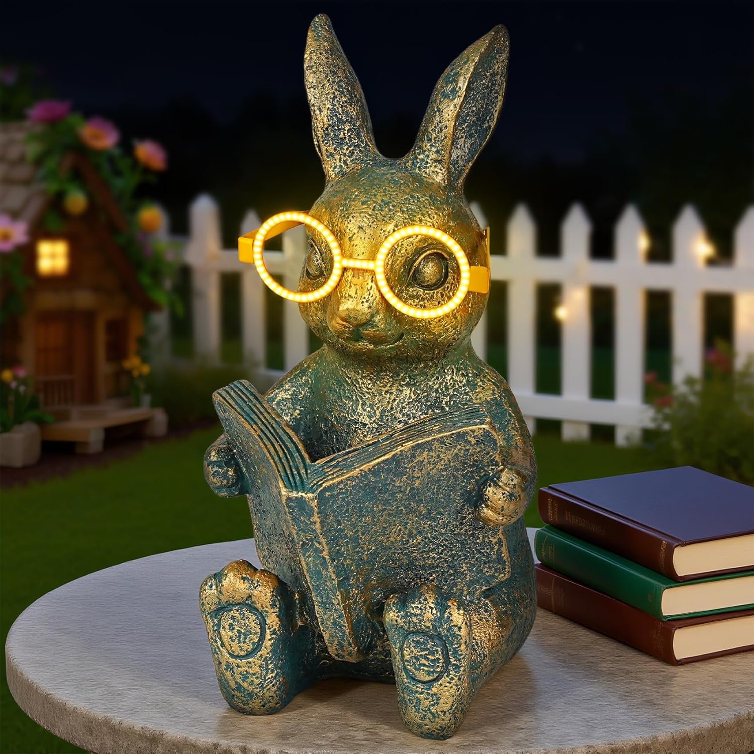 Solar Garden Decor, Adorable Rabbit Statue with Solar-Powered Glasses, Outdoor Bunny Figurine Lights for Patio, Yard & Balcony, for Kids, Mom & Grandma