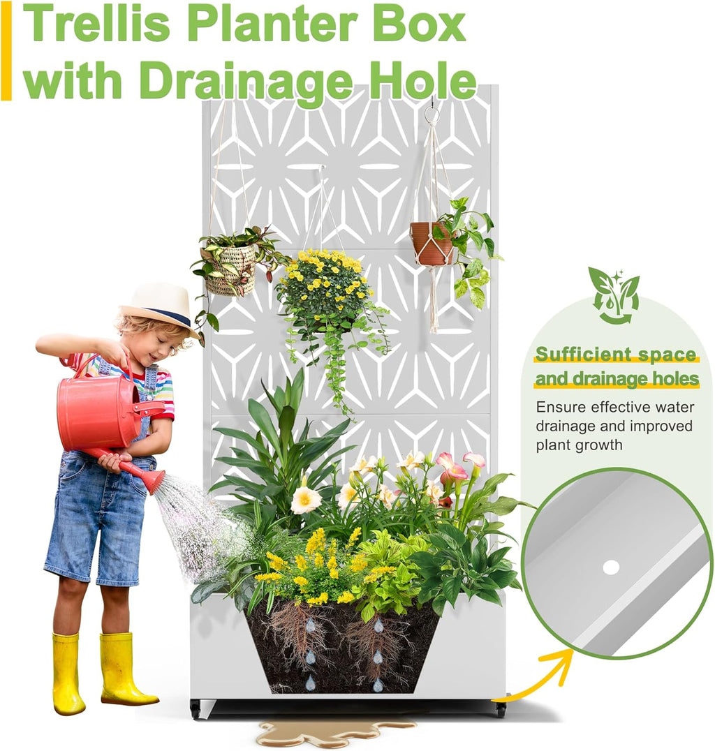 FENCY Metal Raised Garden Bed with Wheels and Trellis,73"x35"x16" Planter Box for Climbing Plants, Vegetables & Vines, Features Privacy Screen and Drainage Holes (White-Star)