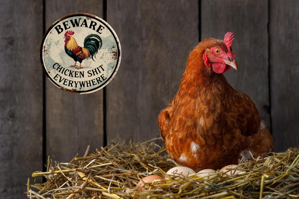 Chicken Decor Vintage Beware Chicken Shit Everywhere Rooster Wall Art Rustic Farmhouse Decor for Restaurants & Home Wall Mounted Vintage 8x8 In