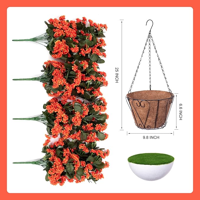 Hanging Baskets Artificial Flowers for Outdoor Interior Decor, Artificial Daisies Flowers Shrubs Plants with Baskets for Home Porch Garden Patio Patio Spring Summer Decor(Orange)