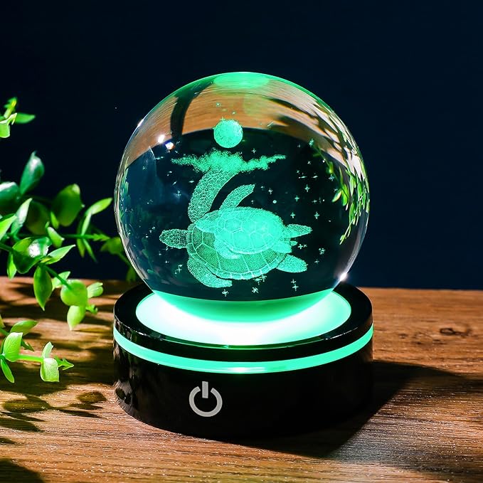YWHL 3D Sea Turtle Crystal Ball Figurine with LED Base Laser Sea Turtle Gifts for Women Men on Christmas Birthday Decorative Turtle Ball Sea Turtle Glass Globe Night Light for Home Decor (80mm)