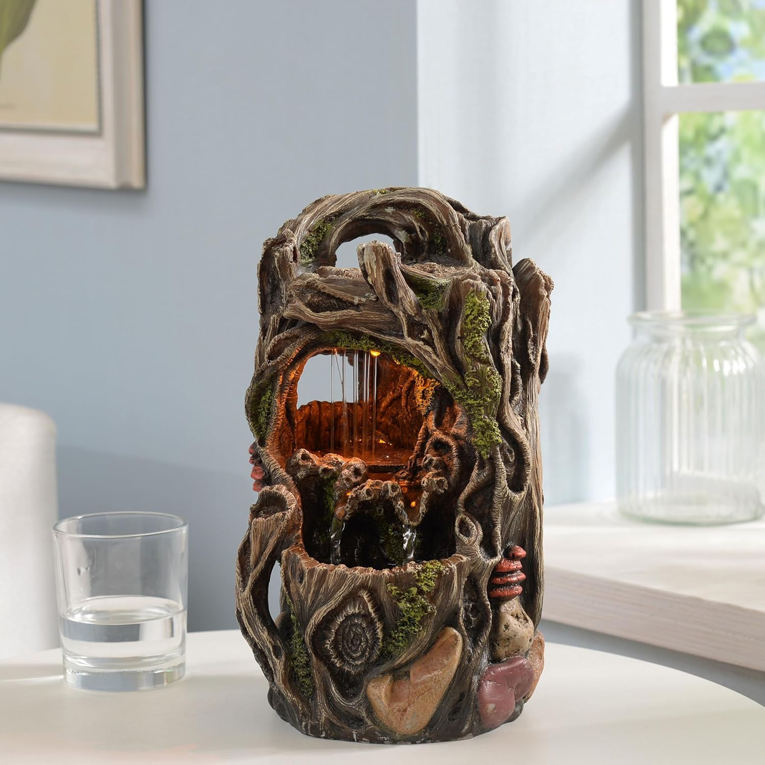 Tabletop Water Fountain, Home Décor Soothing Sound Machine with Automatic Pump, Nature Tree Stump Resin and for Indoor Zen Relaxation for Office, Living Room, or Bedroom Décor