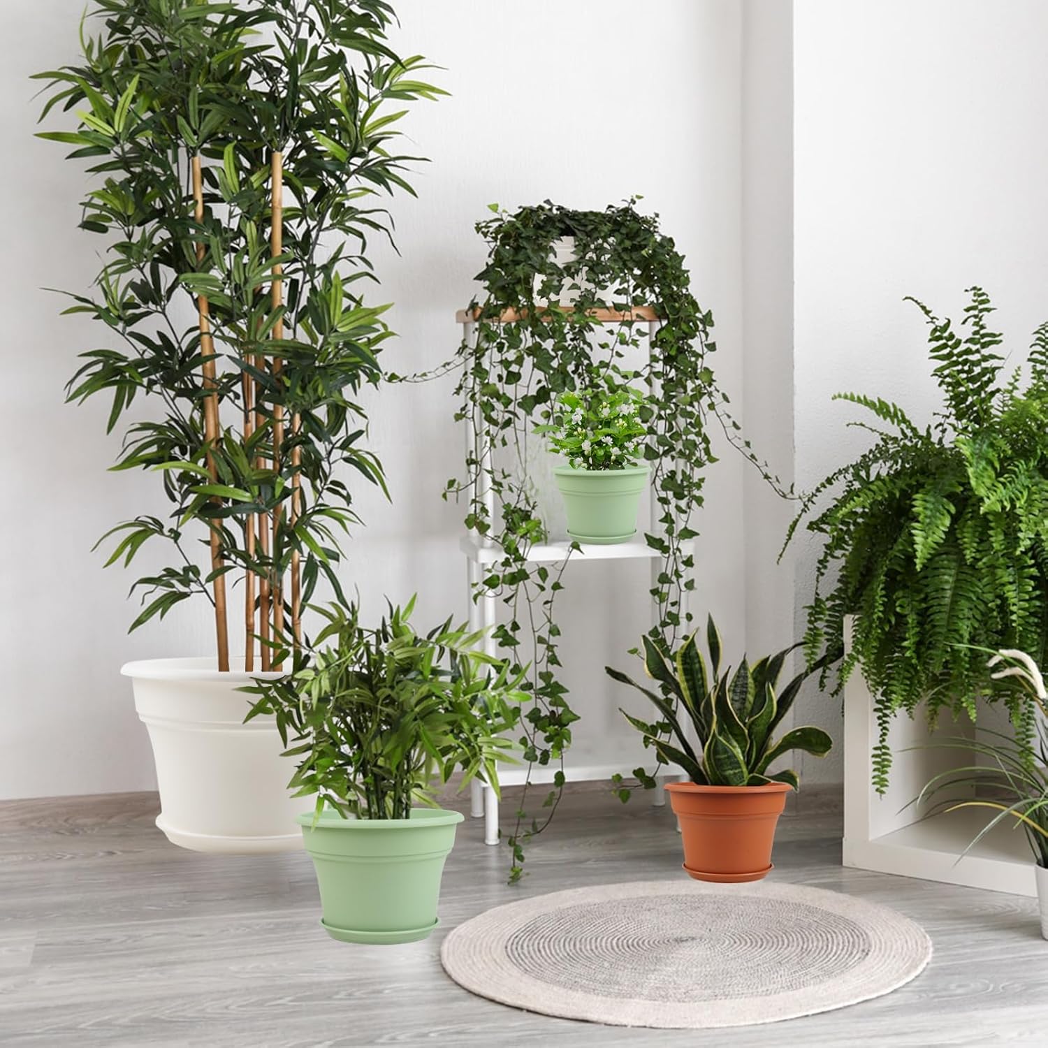 11 Inch Plastic-Flower-Pot-for-Indoor-Plants, 4 Pack Large Outdoor Planter Pot with Drainage Holes & Saucers, Resin Decorative Garden Pots Planters