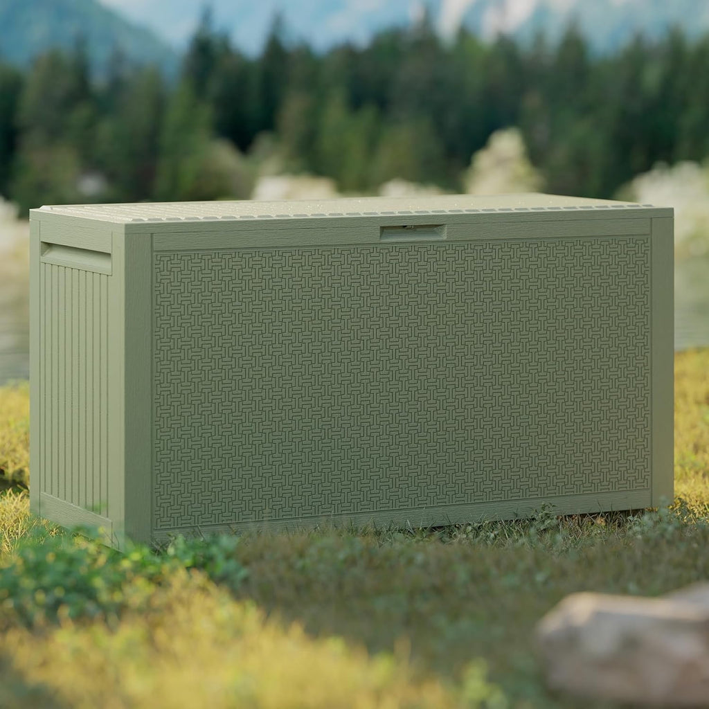 90 Gallon Outdoor Storage Box, Lockable Outside Storage Box Waterproof, Patio Cushions Deck Storage Boxes, Rattan Plastic Garden Hose Containers Resin Pool Storage Bins with lids, Sage Green