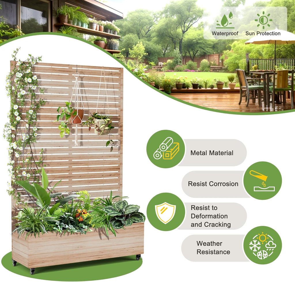 FENCY Metal Raised Garden Bed with Wheels and Trellis,73"x47"x16" Planter Box for Climbing Plants, Vegetables & Vines, Features Privacy Screen and Drainage Holes (Acacia Wood Finish)