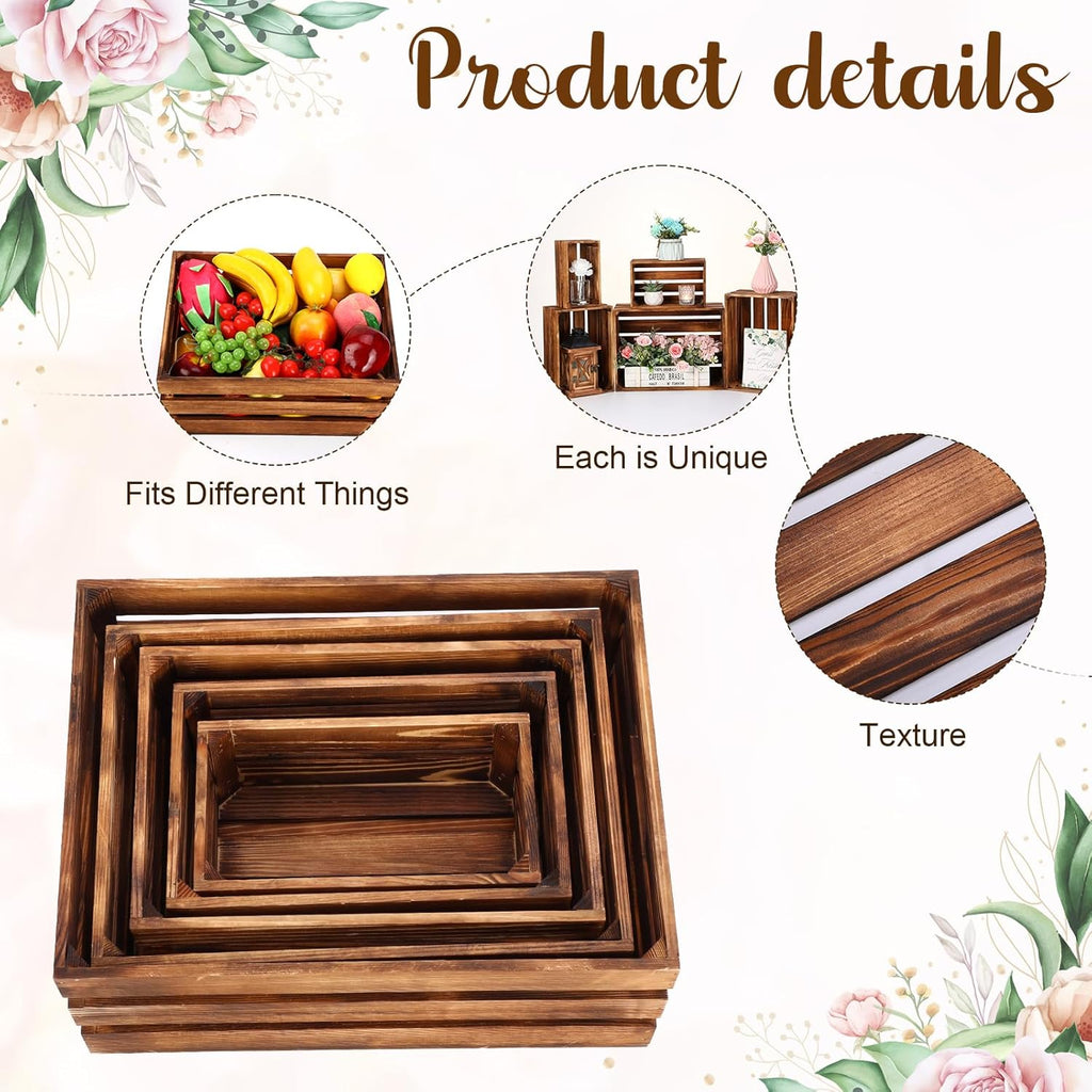 Soaoo 5 Pcs Decorative Nesting Wooden Crates for Storage Display 5 Size Large Small Rustic Wood Decorative Storage Crates with Handle Farmhouse Crate Box Container Made from Pine(Vintage Brown)