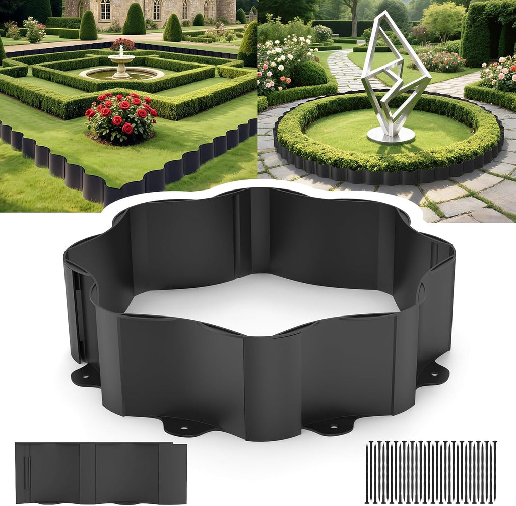 Mars Villa Landscape Edging 40FT, Interlocking Landscape Edging 5.9In Lawn Edging with 64 Stakes, Plastic Flower Bed Border Flexible Edging for Landscaping, Lawn Patio (Black,32Pcs)