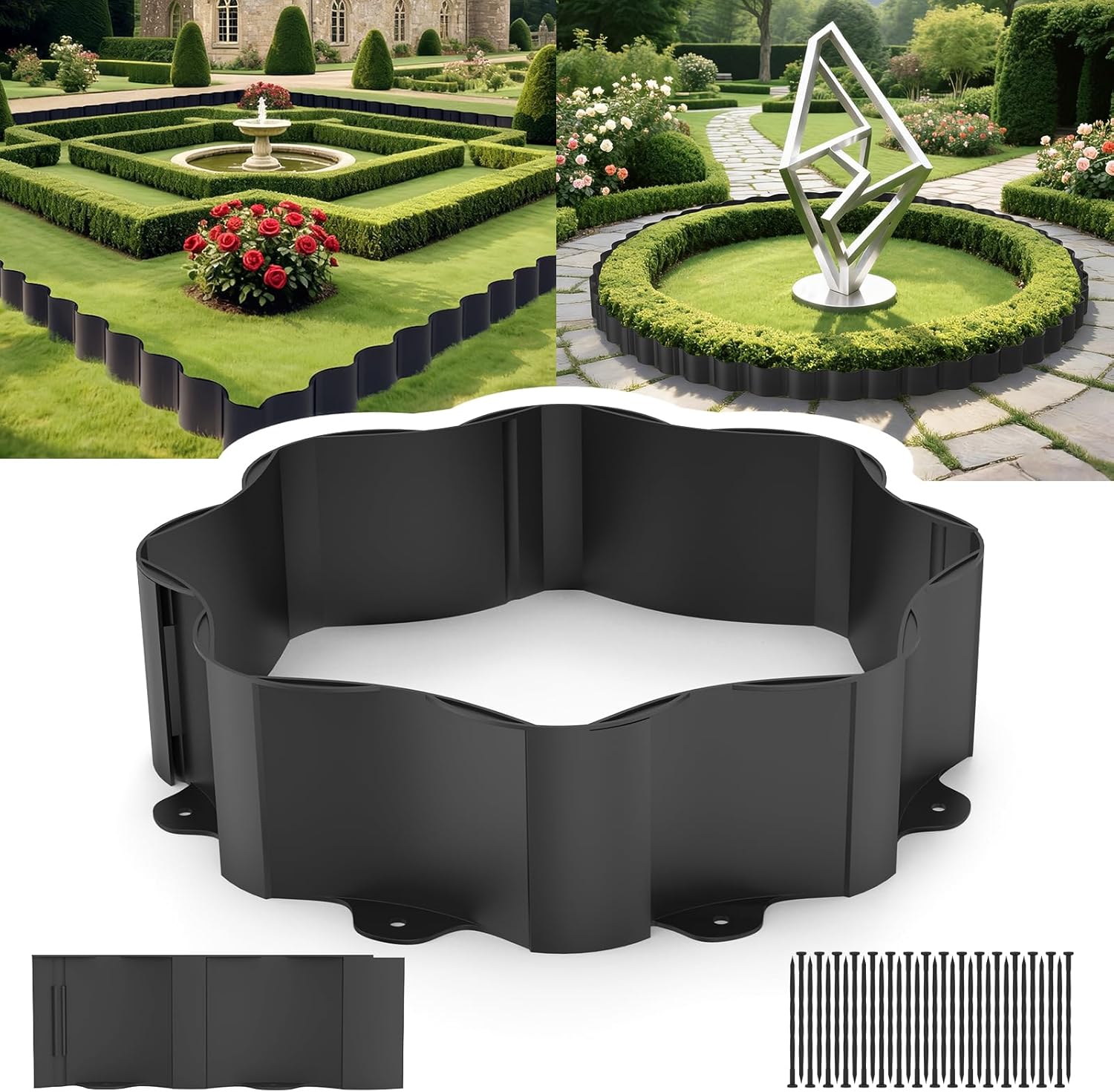 Mars Villa Landscape Edging 40FT, Interlocking Landscape Edging 5.9In Lawn Edging with 64 Stakes, Plastic Flower Bed Border Flexible Edging for Landscaping, Lawn Patio (Black,32Pcs)