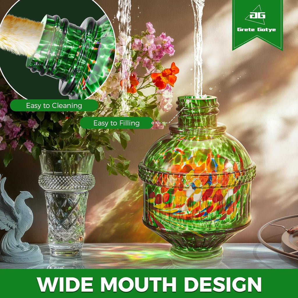 Hand Blown Glass Hummingbird Feeders for Outdoors, 25 Ounces Wild Bird Nectar Feeder with Perch & 5 Flower Feeding Ports Leak Proof Hanging for Garden Backyard Decor, Gifts for Women Mom, Green