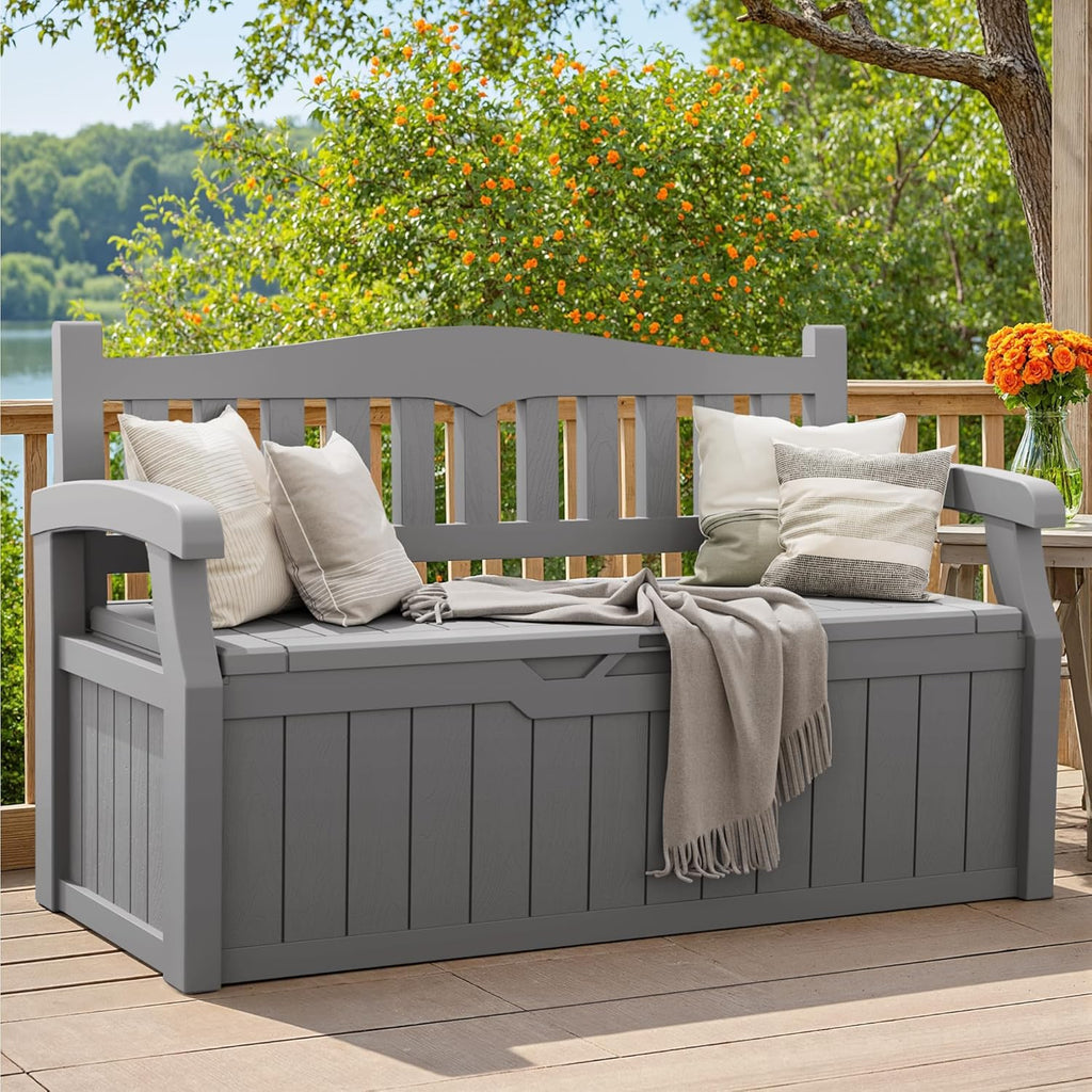 Greesum 80 Gallon Storage Bench Outdoor Deck Box with Armrest, Patio Furniture,Lockable, Waterproof and UV Resistant, Suitable for Garden, Pool, Grey