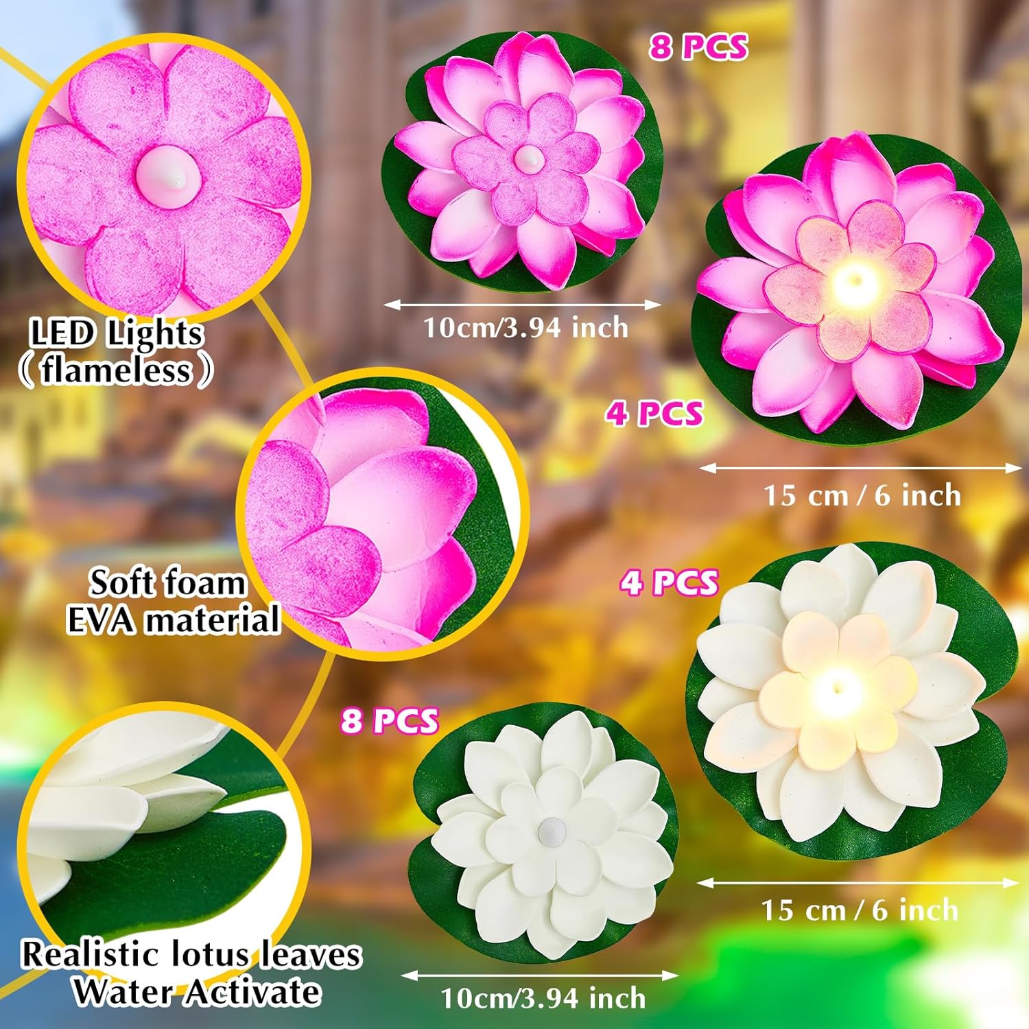 Liliful 24 Pcs Diwali Lotus Decoration Pool Floating Lights, Artificial Flowers Lotus with LED,Lily Pads Water Lantern for Indian Puja Home Decoration(3.94 Inch, 5.91 Inch,White, Pink)