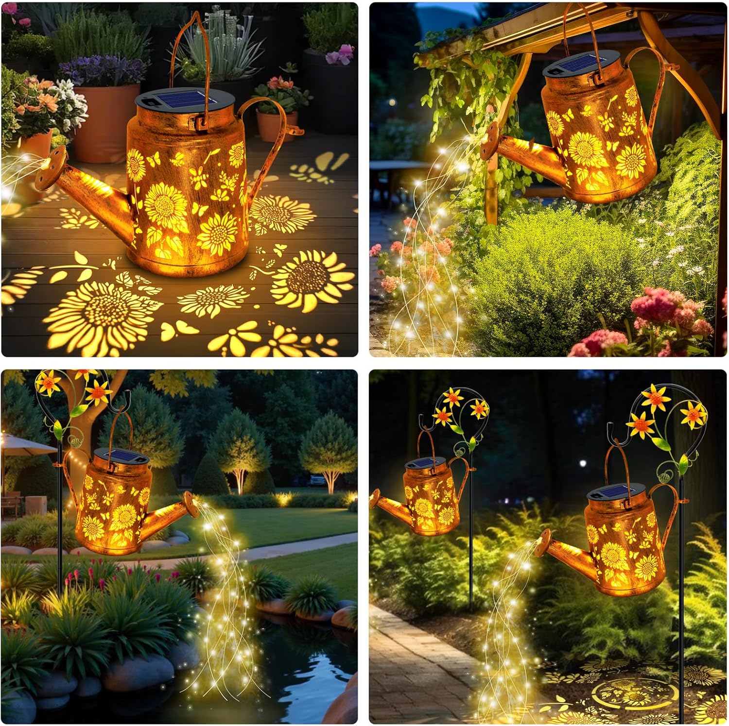 Solar Lights Outdoor Waterproof, Sunflower Solar Watering Can Lights with Shepherd Hook, Metal Hanging Lantern Garden Decor Yard Outside Patio Lawn, Gifts for Mom Grandma Women Birthday