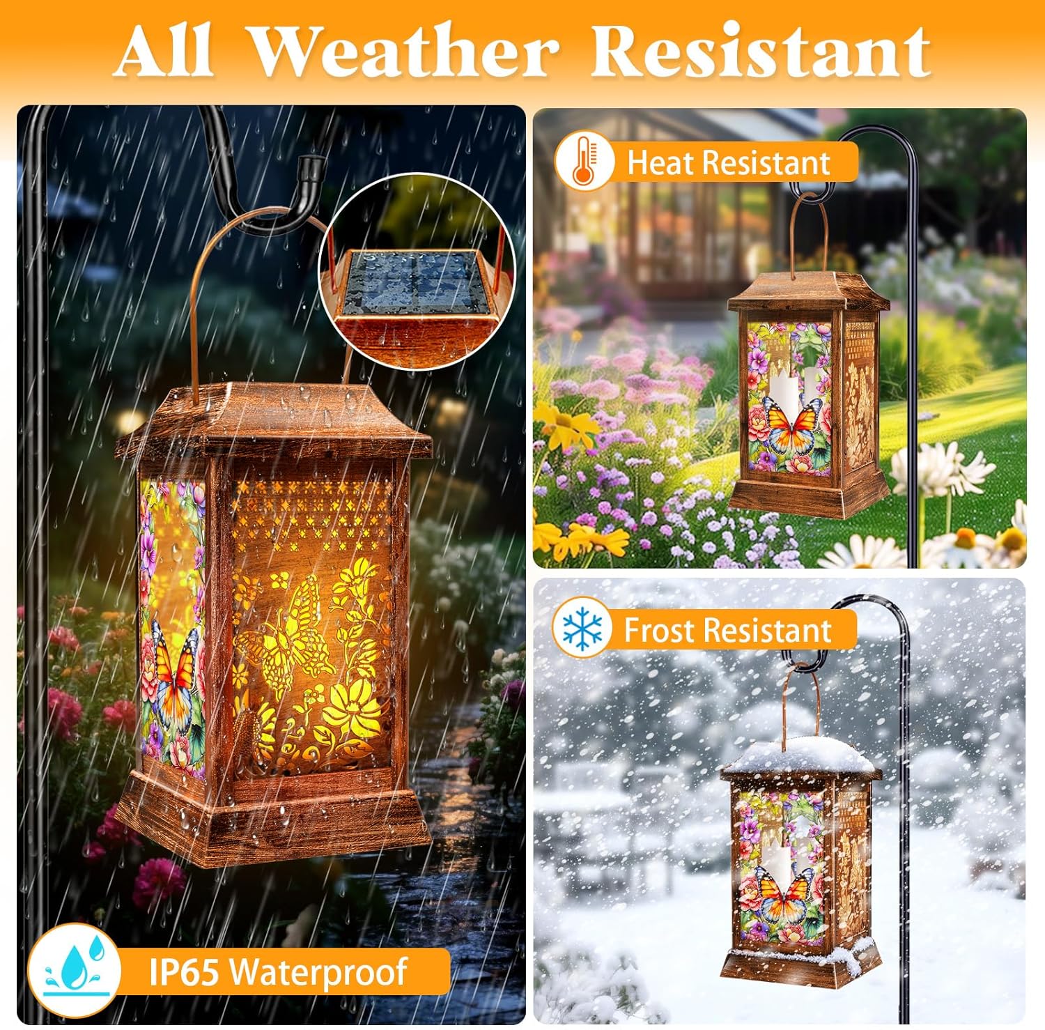 Butterfly Solar Lanterns Outdoor Waterproof, Metal & Glass Hanging Lights Garden Decor, Birthday Gifts for Women Mom Grandma Mothers Day, Decorative Lights for Outside Yard Patio Backyard Porch