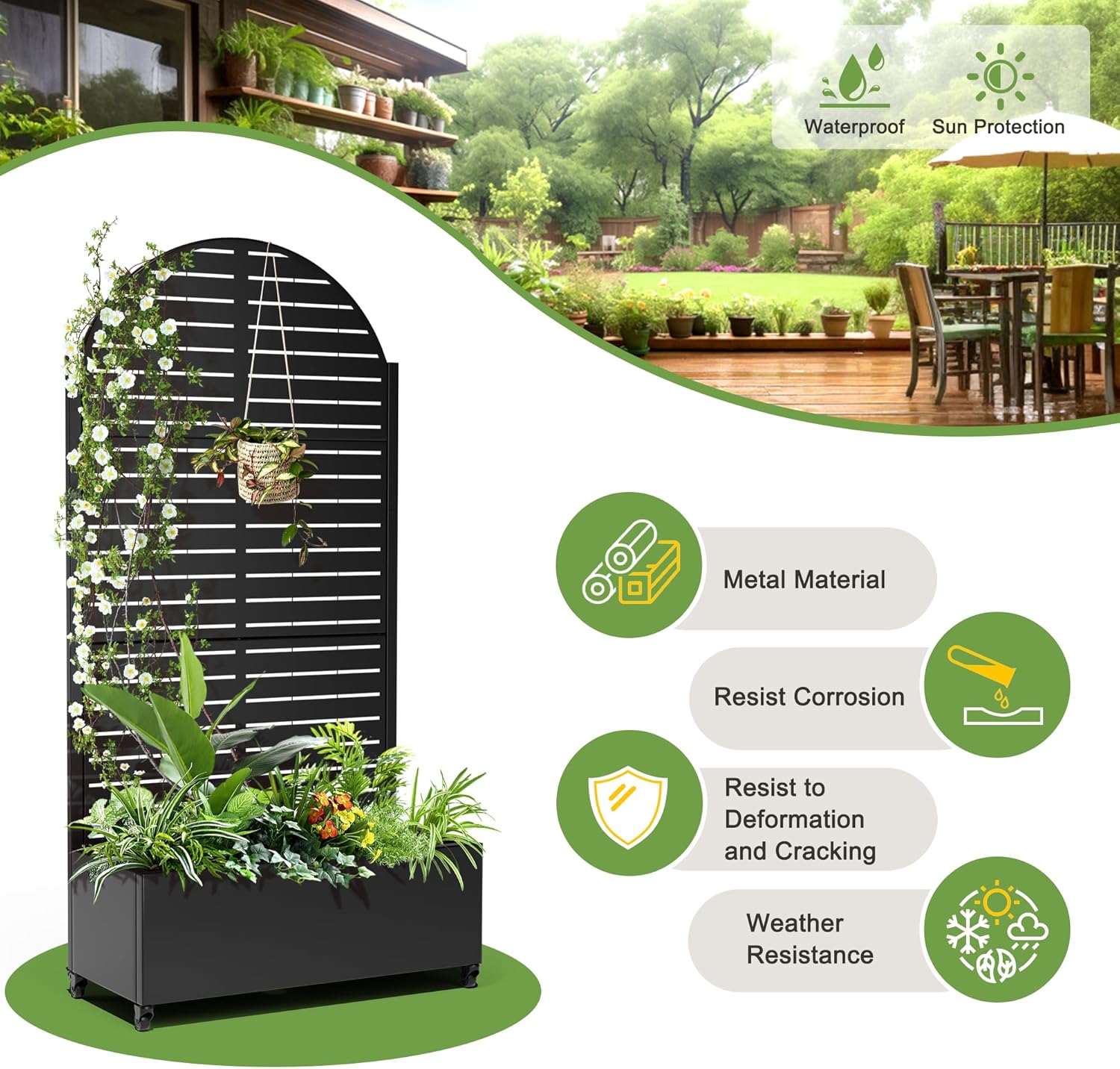 FENCY Metal Raised Garden Bed with Wheels and Trellis,Arched 73"x35"x16" Planter Box for Climbing Plants, Vegetables & Vines, Features Privacy Screen and Drainage Holes (Black-Louvered)