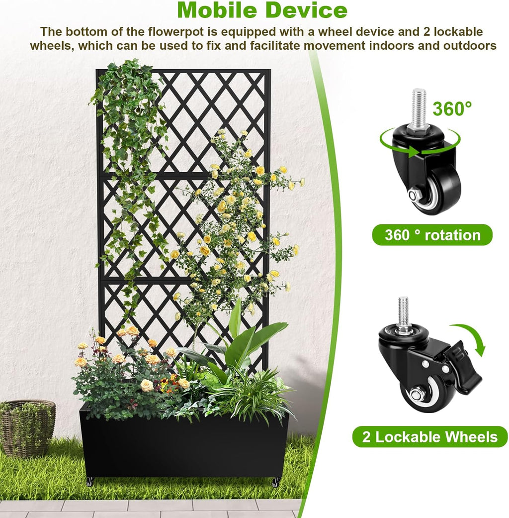 Metal Planter Box with Trellis, 72"x35"x16" Metal Raised Garden Bed with Trellis, Trellis Planter Box with Drainage Holes & Lockable Casters for Climbing Plants, Vegetables, and Vines