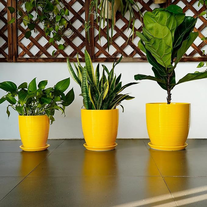 10 Inch Plant Pot - Ceramic Pot for Plants Outdoor Planter for Indoor Plants Large Plant Pot with Drainage Hole and Saucer Round Flower Pot for Home Patio Office Yellow