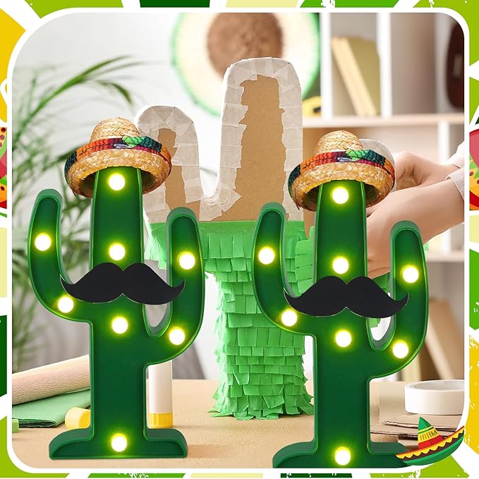 12 Pcs Cinco de Mayo LED Cactus Light with Mini Sombrero Straw Hats and Fake Beard Cinco De Mayo Table Decor Mexican Party Supplies for Table Room Bedroom Party Decoration (4.72 x 2.76 Inch)