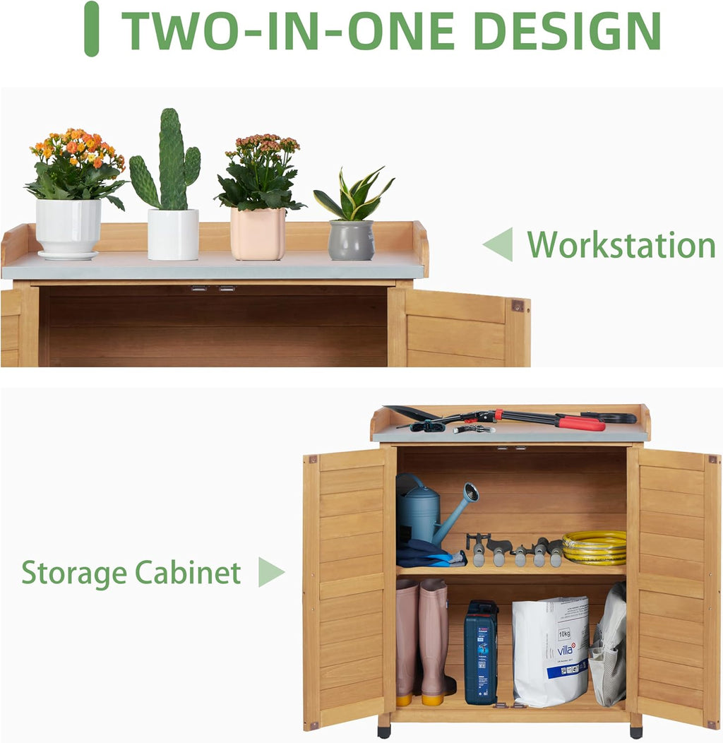 Potting Bench with Storage Cabinet and Metal Table Top for Outdoor Patio, Garden Furniture Wood Workstation (Light Brown, 31.5x17x39)