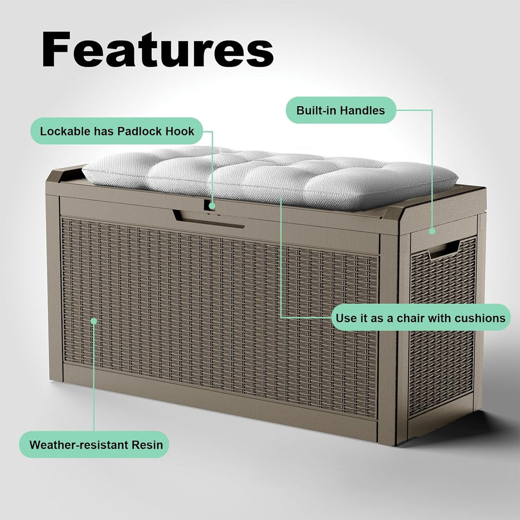 DRATO 60 Gallon Deck Box, Waterproof Resin Large Outdoor Storgae Box for Patio Furniture, Patio Cushions, Gardening Tools, Pool and Sports Supplies, Lockable