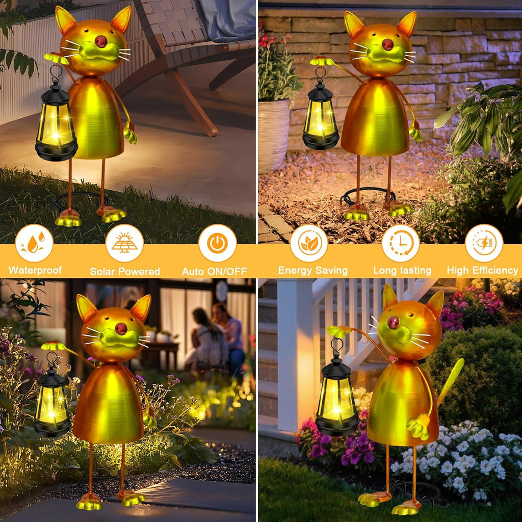 Solar Garden Decor Cat Statue with Solar Lights,13.78in Tall Metal Cat Figurines Decor,Birthday Gifts for Women Mom Grandma,Decorative Stakes for Yard Art Lawn Porch Patio Outside Decorations