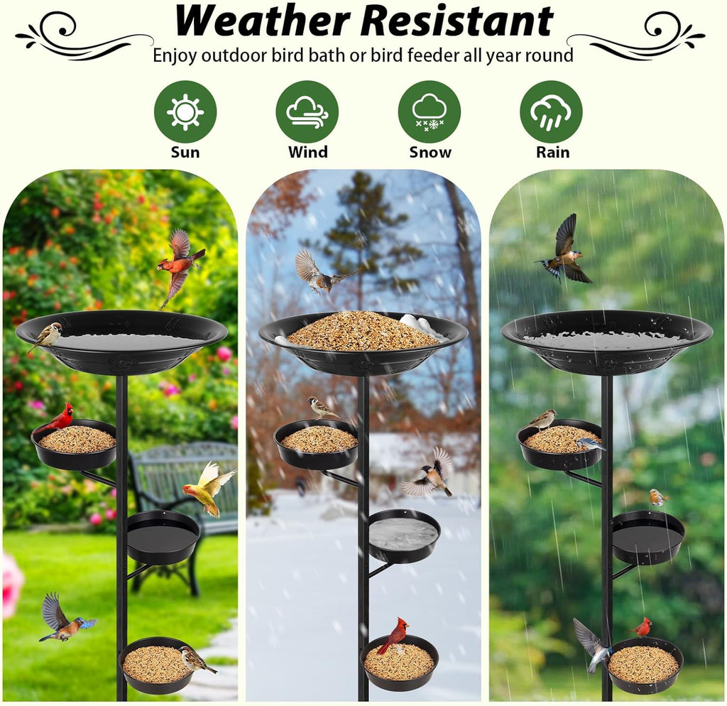 BOLITE Bird Bath for Outside, Metal Freestanding Birdbaths with Large Water Basin, Small Water Basin and Two Small Seed Bowls, Outdoors Garden Patio Yard Lawn Decor, Upgraded 5-Pronged Base, Black