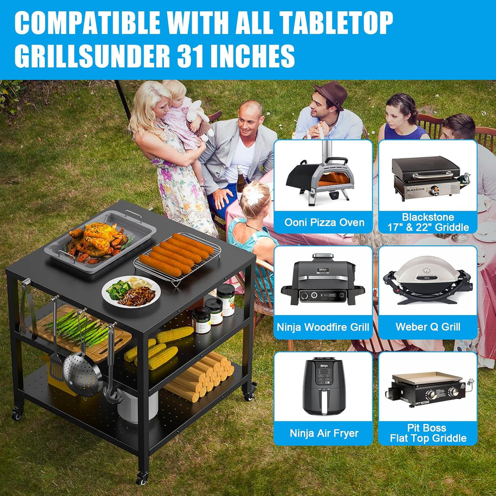 Outdoor Grill Cart Pizza Oven Stand Table with Wheels, Three-Shelf Movable Dining BBQ Food Prep and Work Cart Table, Kitchen Rolling Trolley Cart, Grill Tables for Outside with Waterproof Cover