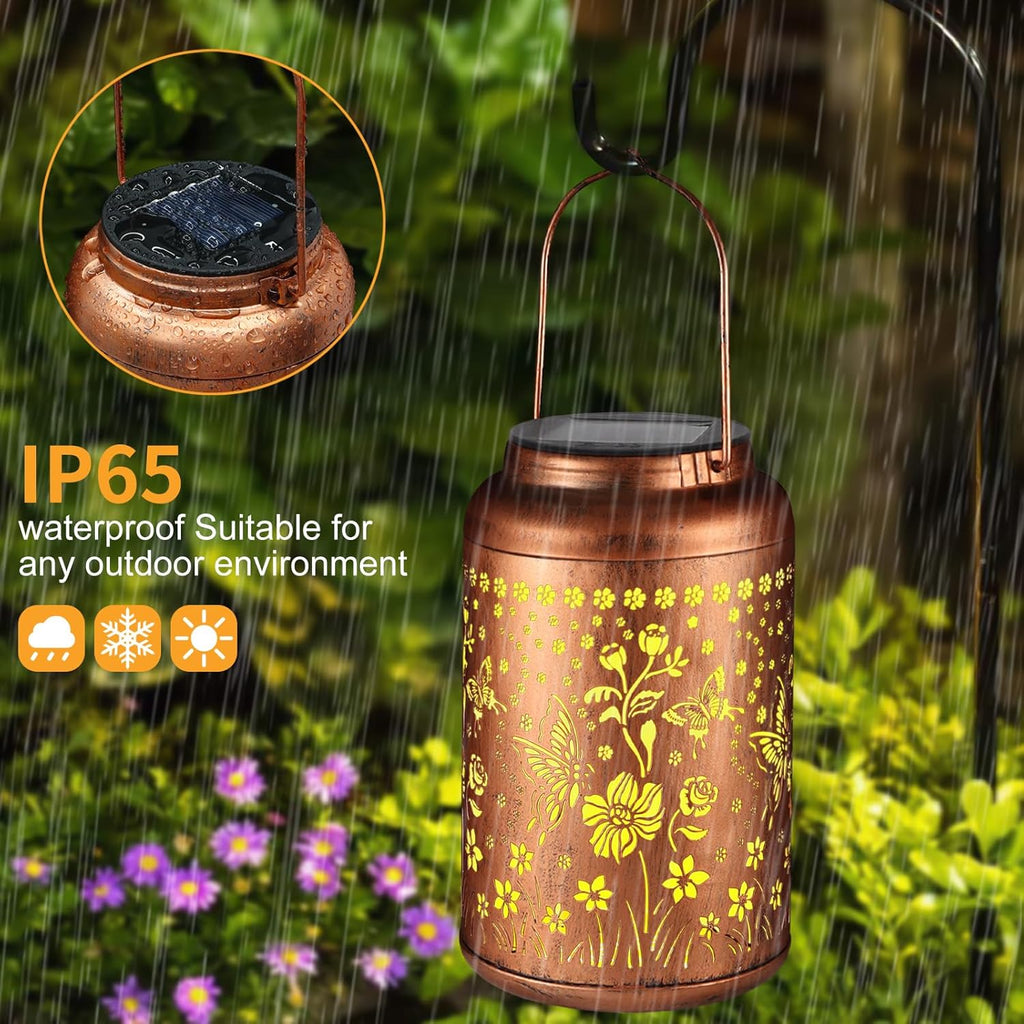 2 Pack Solar Lanterns Outdoor Waterproof, Butterflies Garden Decor Gifts for Women Mom Grandma Hanging Solar Lights Metal Decoration Outside for Yard, Patio