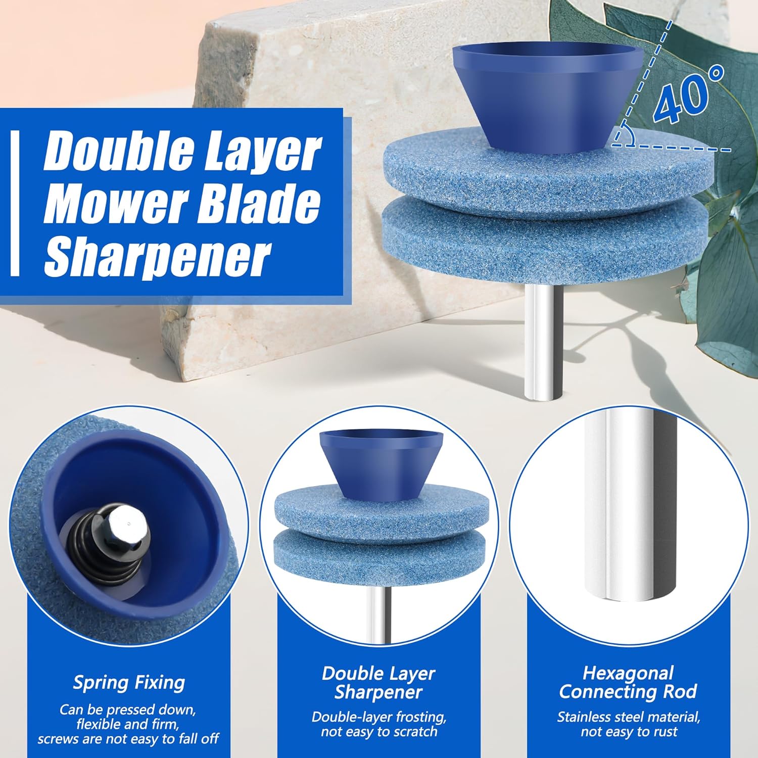 4+1PCS Lawn Mower Blade Sharpener, Universal Lawnmower Blade Sharpener Mower Sharpening Stone with 1PCS Balance Tool for Hand Drill/Power Drill (2 Single Layer + 2 Double Layer)