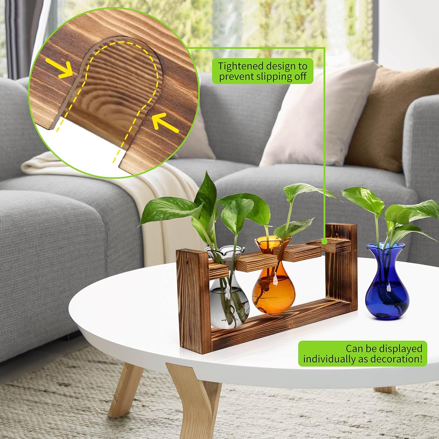 Plant Propagation Station Plant Terrarium Unique Birthday Gifts for Women Home Office Decor Planter with Wooden Stand - 3 Bulb Glass Vase