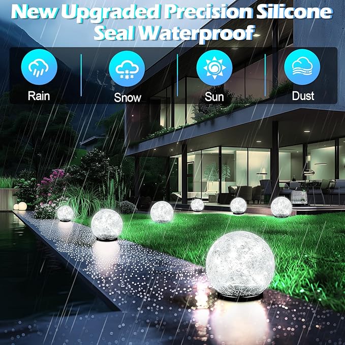 Garden Solar Ball Lights Outdoor Waterproof, 50 LED Cracked Glass Globe Solar Power Ground Lights for Path Yard Patio Lawn, Outdoor Decoration Landscape White (2 Pack 4.7'')