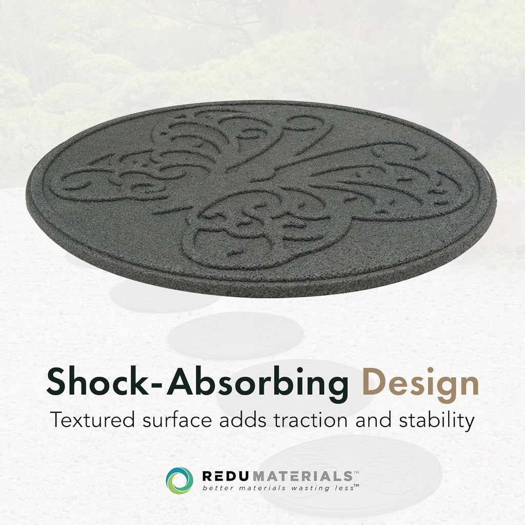 Garden Central 4-Pack 18”x18” Fake Butterfly Rubber Stepping Stones, Round, Grey – Reversible Non-Slip Outdoor Faux Decorative Set for Landscaping – DIY Decor for Walkways & Yard Pathways