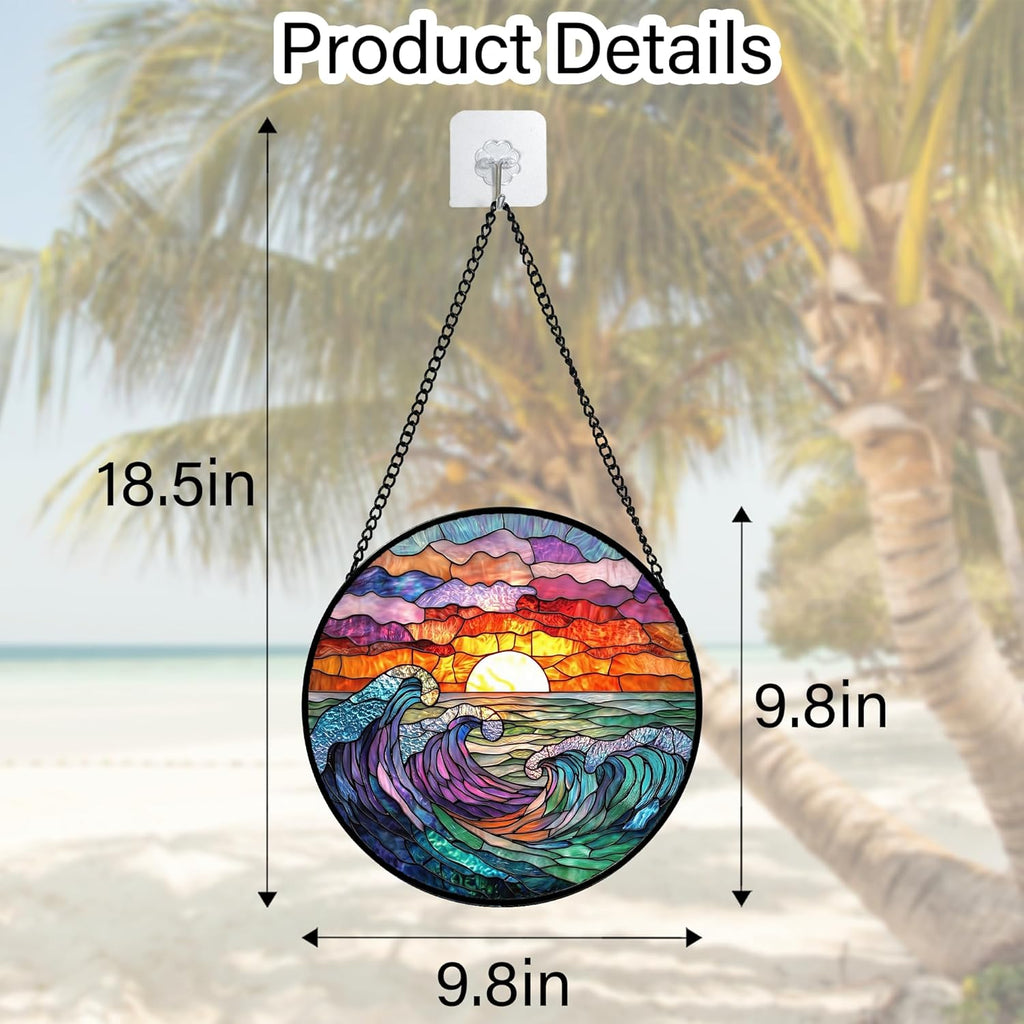 Stained Glass Window Hanging, Clouds and Sea Waves Suncatcher Diamond Glass Panel Hangings Scenery Sun Catchers Decor for Birthday for Women, Men, Wife, Aunt, and Mom 7.8 in