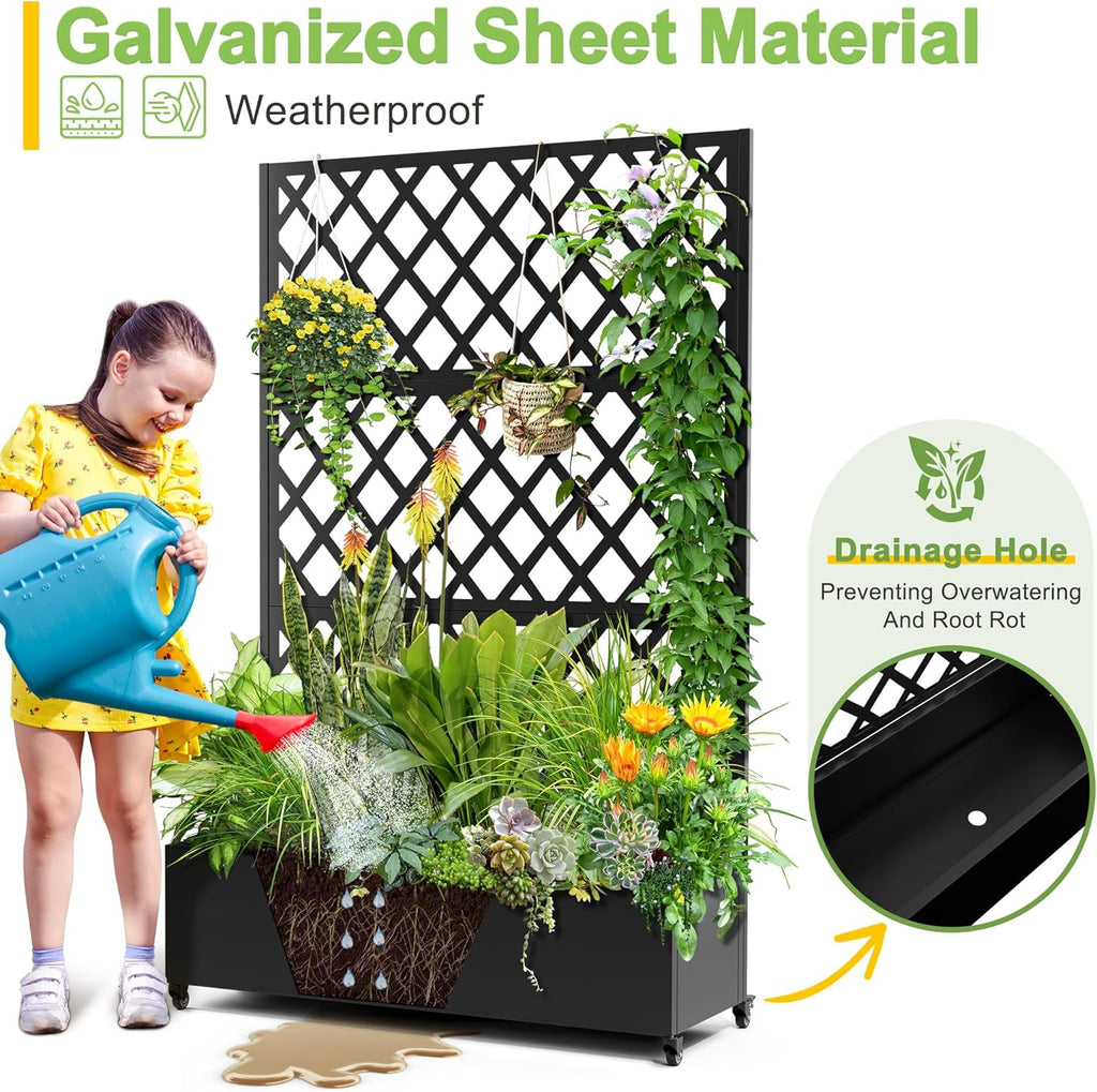 FENCY Metal Planter Box with Diamond Lattice Trellis Planter Box for Climbing Plants/Vines, Galvanized Raised Garden Bed On Wheels, Garden Bed with Trellis(73"x47" Black)